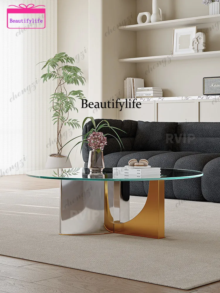 A55 Light luxury ultra-white tempered glass round coffee table simple modern stainless steel high-end sense, small round table