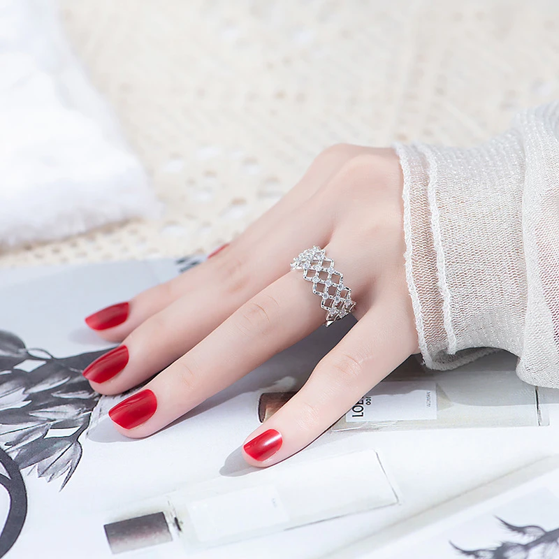 Fashion Creative Mesh Features 925 Sterling Silver Resizable Rings Women Jewelry Rhombus Net Rhinestone Rose Gold Finger Ring