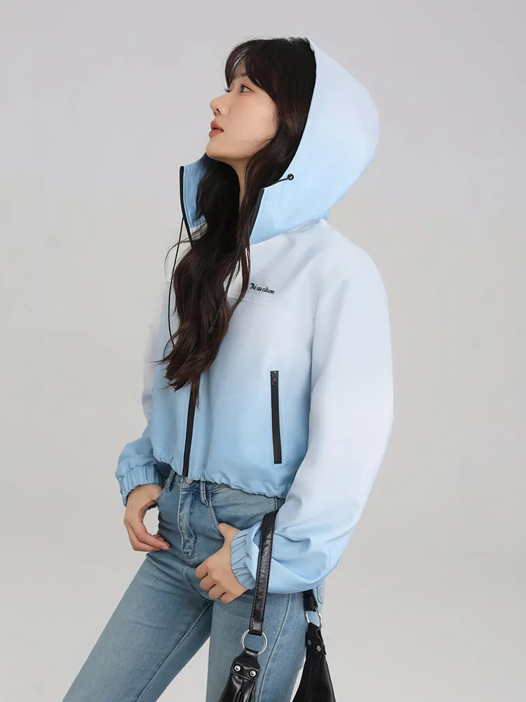 Gradient Hooded Short Jacket Women Lady Lightweight Windbreaker Coat Casual Outdoor Zip Up Crop Jacket Chic Spring Outerwear