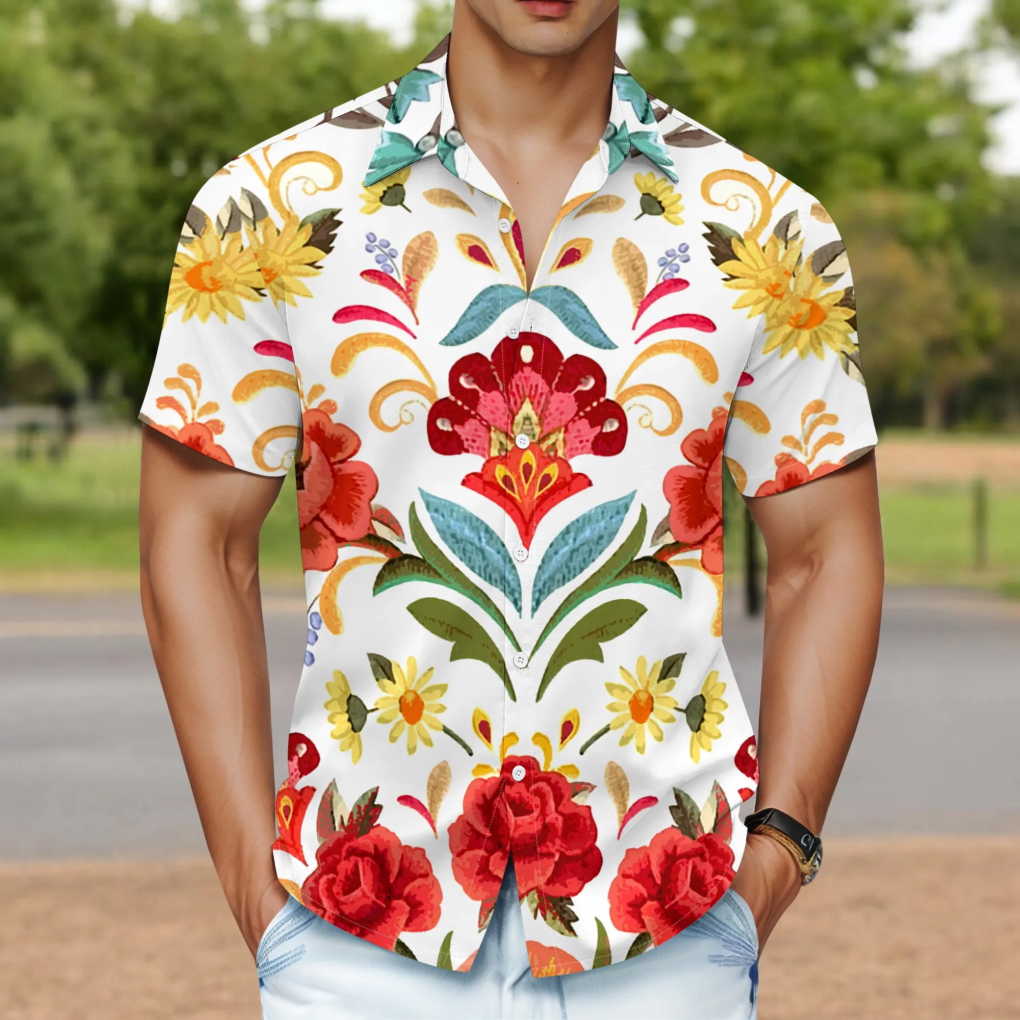 YEAE Symmetric Floral Pattern Shirt for Men Summer Casual Short Sleeve Top