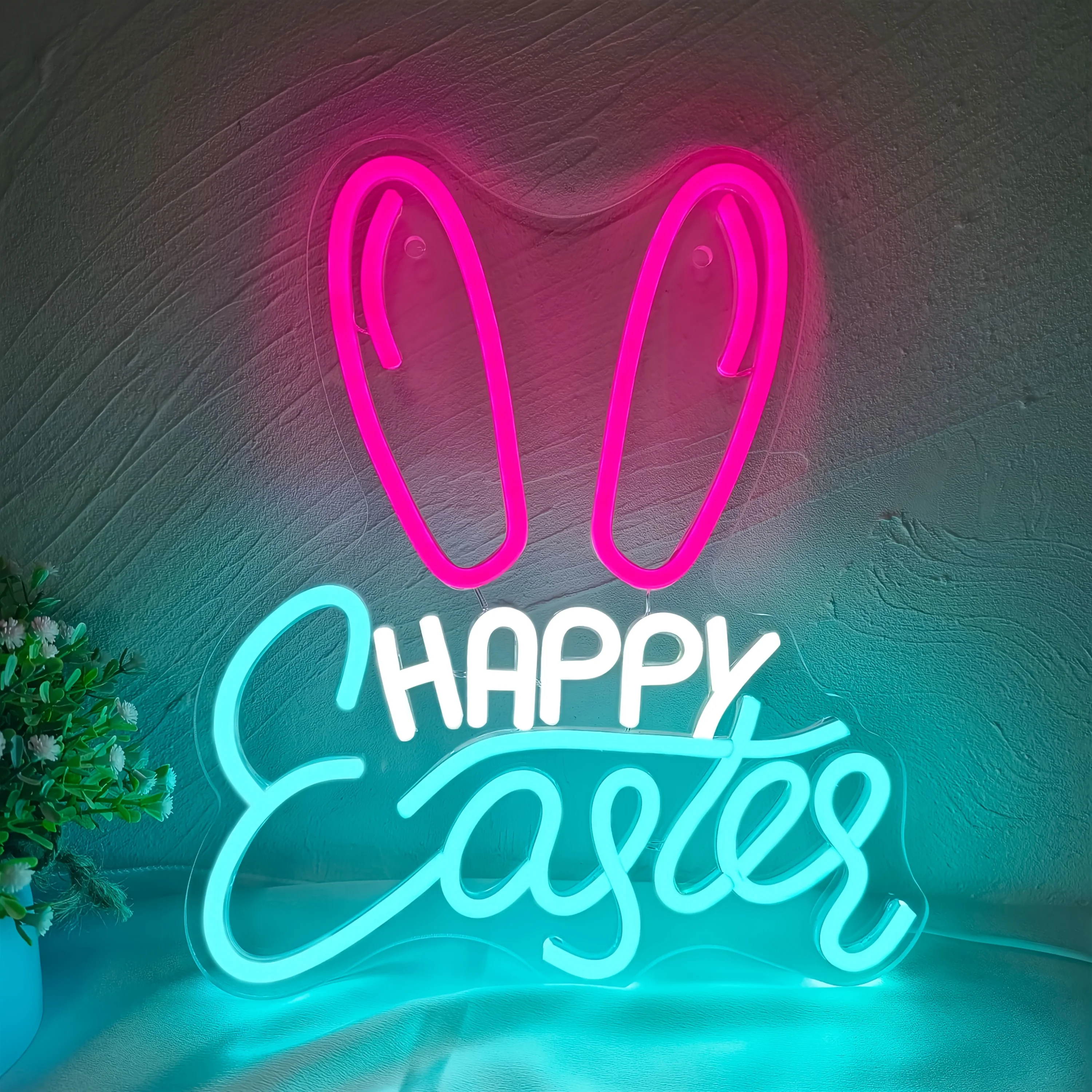 Happy Easter Bunny Ear Neon Sign Dimmable USB Holiday Wall Decor for Easter Theme Party Bakery Florist Nursery Classroom Decor