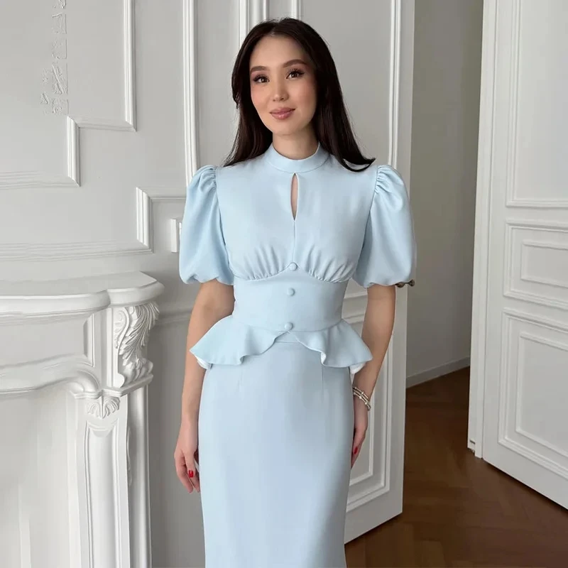 

2026 New Women Fashion Elegant Solid Color Short Sleeve High Neck Button Ruffle Bodycon Long Dress Temperament