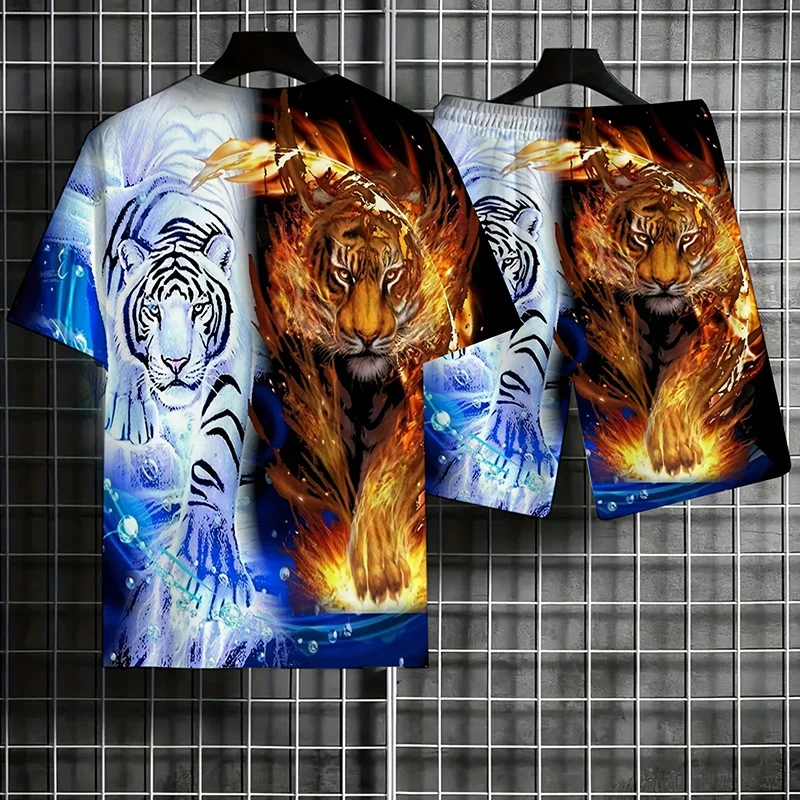 New Men's Sportswear Summer Casual Breathable Refreshing Suit Printed 3D Fierce Tiger Oversized Men's Loose Top Short Sleeves