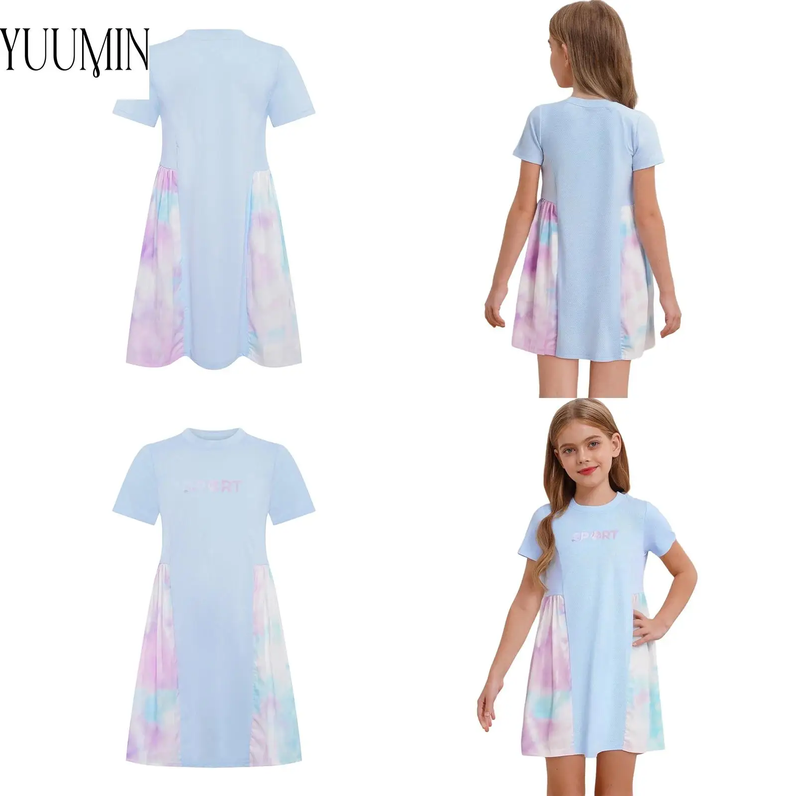 

Tie-Dyed Quick-Drying Tennis Dresses Short Sleeve Pleated T-shirt Dress for Kids Girls Golf Badminton Sports Workout Sportswear