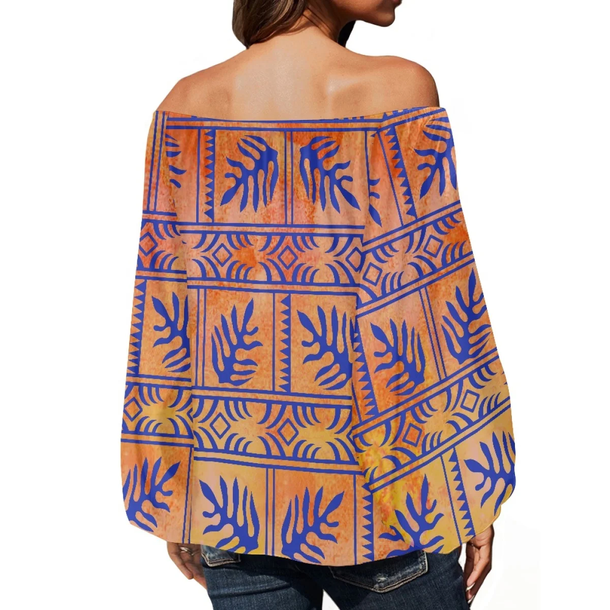 Polynesian Tribal Clothing Samoan Tapa Tongan Print Long Puff Sleeves Loose Elegant Ladies Off Shoulder Chiffon Blouse Tops