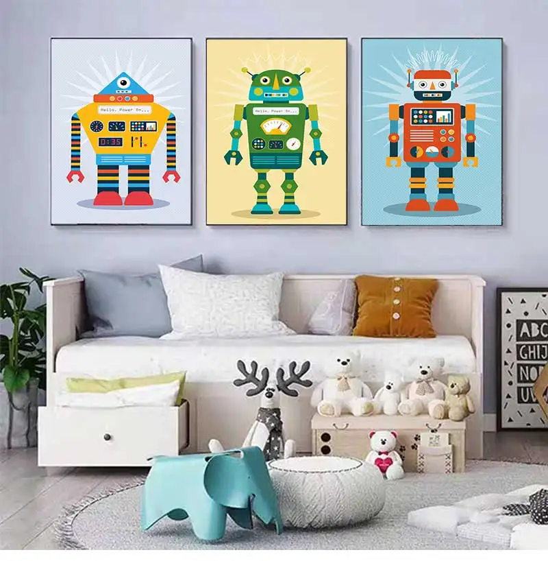 Modern Abstract Cartoon Robot Poster Robot Artwork Canvas Painting Print Wall Art Picture for Living Room Home Decoration Mural