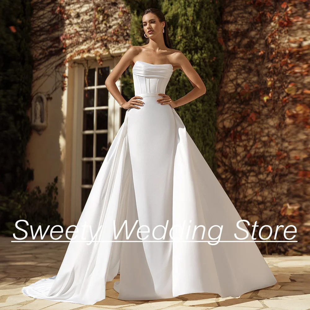 

Mermaid Wedding Dresses with Detachable Train Strapless Sleeveless Pleat Backless Sweep Train Vestidos De Novia Bride Dress Gown