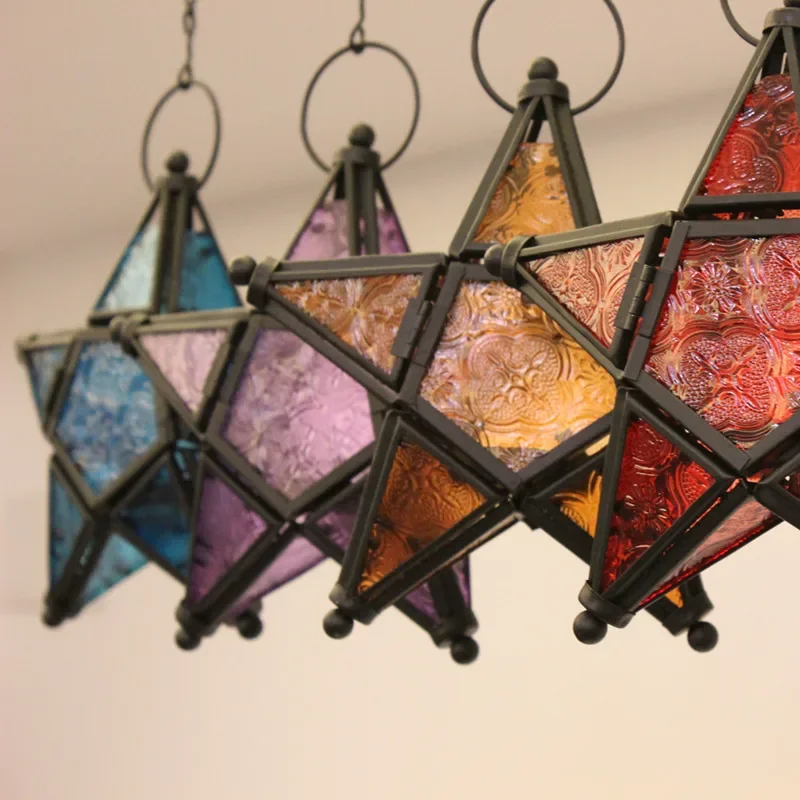 Antique Iron Art Stained Glass Wind Lamp Candle Holder Pentagonal Windproof Candlestick Morocco Bar Decoration Star Candlestick