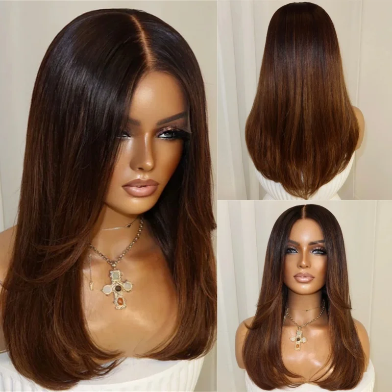 

Парик для вечеринок, омбре, медово-коричневый, синтетический, с HD-кружевной передней частью, мягкий прямой парик, без клея, с предварительно прорезанной линией роста волос, термостойкие волокна