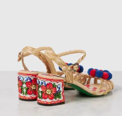 New Women Apricot Braided Leather Ankle Strap Summer Sandals 6 CM Square Heel Pompom Decor Flower Print Party Sandals Shoes Lady