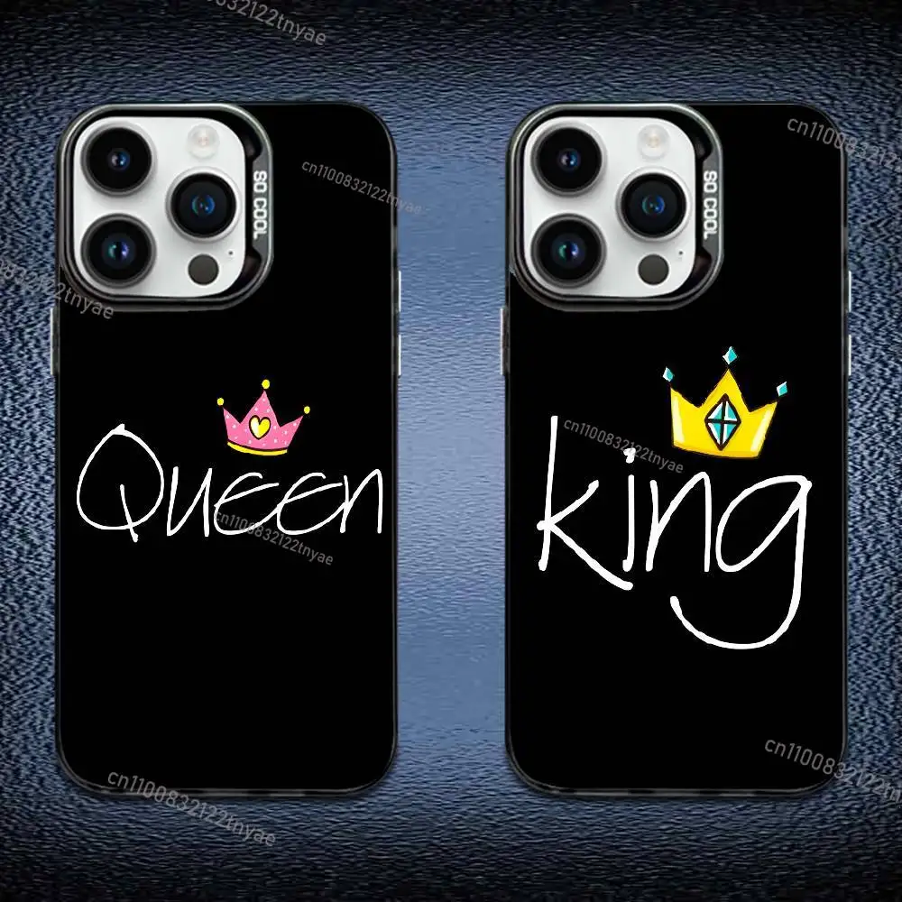

King Queen Couple Silicone Phone Case For iPhone 17,16,Pro,Max,e,15,14,Plus,13,12,Mini,11, Matte Colored Silver Luxury Cover