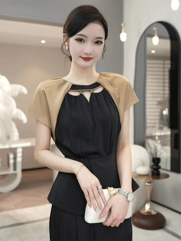 

Unique Beautiful Bla Splice ort Sve irt Women's Summer Faionable Light Maturi Sle Korean Version Loose Fit