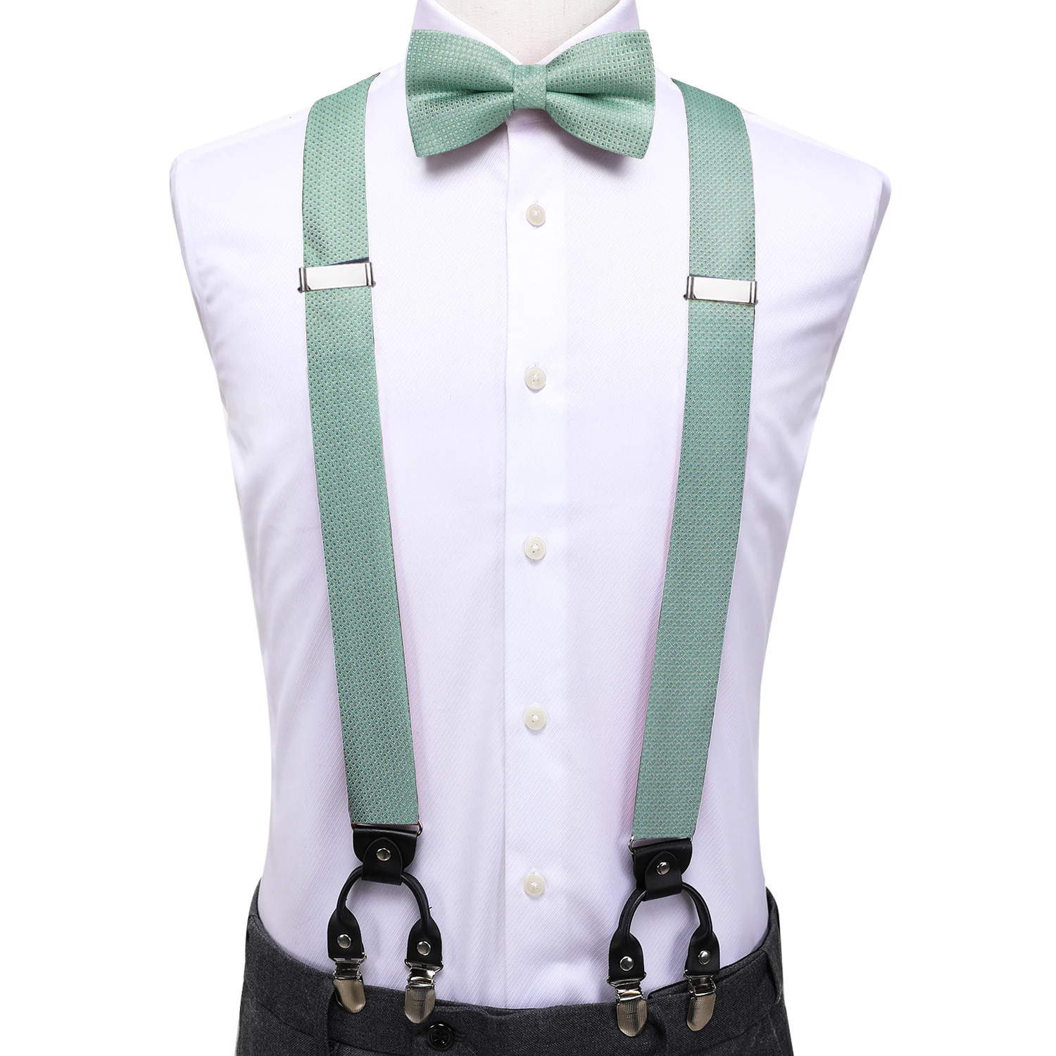 Hi-Tie Sage Green Silk Mens Suspender Bowtie Hanky Cufflink Adjustable Clip On Braces for Male Wedding Business Party Wholesale