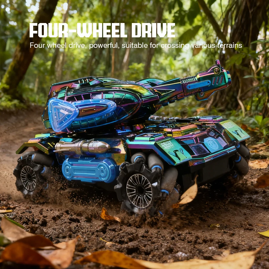 2,4 G 4WD RC Sci-Fi-Stunt-Tank – farbenfrohes LED-All-Terrain-Elektrospielzeug für Jungen mit Spray, Ton und simuliertem Start |   Geschenk