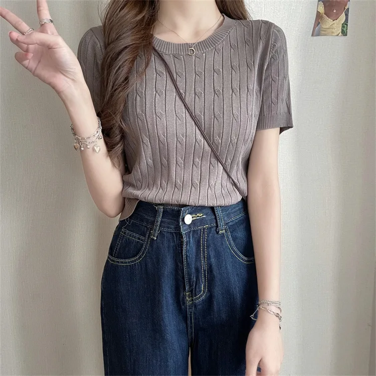 Damen Sommer Vintage Rundhals Kurzarm Strick-T-Shirt Mädchen Damen Slim Fit Top Damen Casual Sport Layering Basic-Shirt – Detail 13