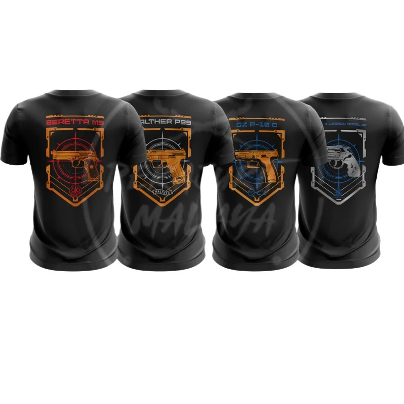 T-shirt à manches courtes noir 100% coton pour hommes, imprimé graphique tactique avec cible de pistolet, tee-shirt décontracté streetwear