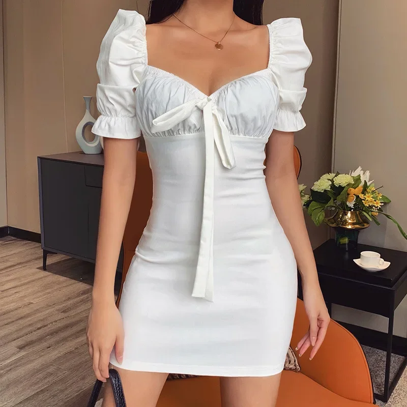 

White Sexy Backless Lace Up Dress Women Puff Sleeve Slim Short Sleeve Dress 2023 Summer Cottagecore Solid Colors A Line Dresses