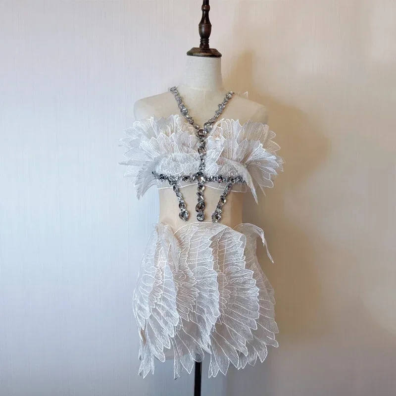 Robe de Soirée Sexy en Maille Blanche pour Femme, Tenue de Soirée à Strass, Col Licou, Boîte de Nuit, Dj DS Drag Queen, Costume de Scène, Rave