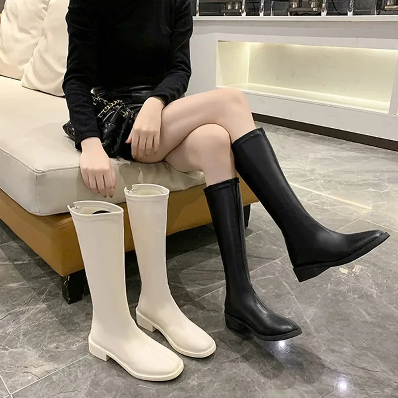 Women Med Heels Long Boots Female Fashion Round Toe Back Zipper Knee High Boots Spring Autumn Casual Platform Single Botas Mujer