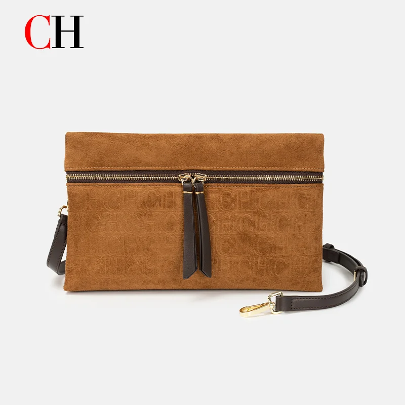 CH Crossbody Bag Women Embossed Suede Shoulder Bag Double Zipper Clutch Purse Vintage Daily Evening Handbag Bolsos Mujer