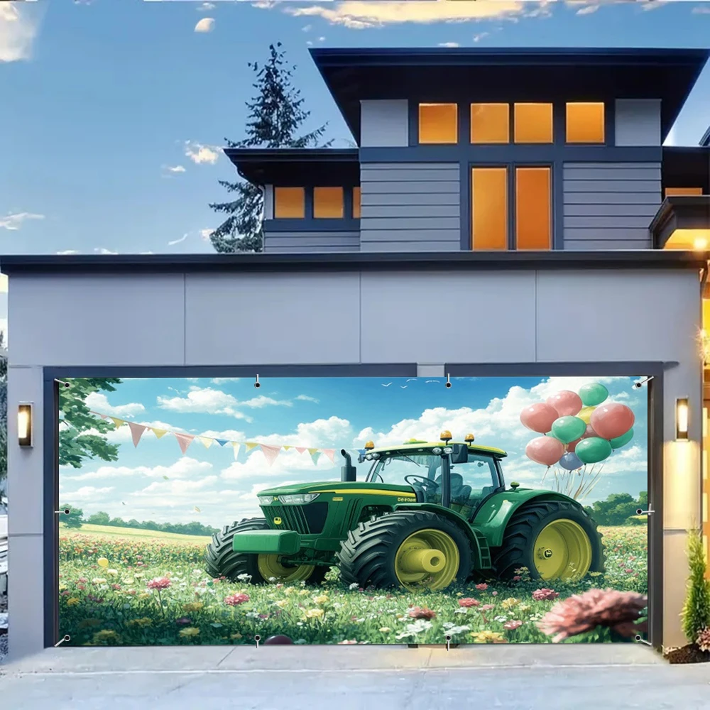 Yeele Spring Field Tractor Garage Door Background Balloons Green Lawn Garage Wall Frame For Home Outdoor Courtyard Decoration
