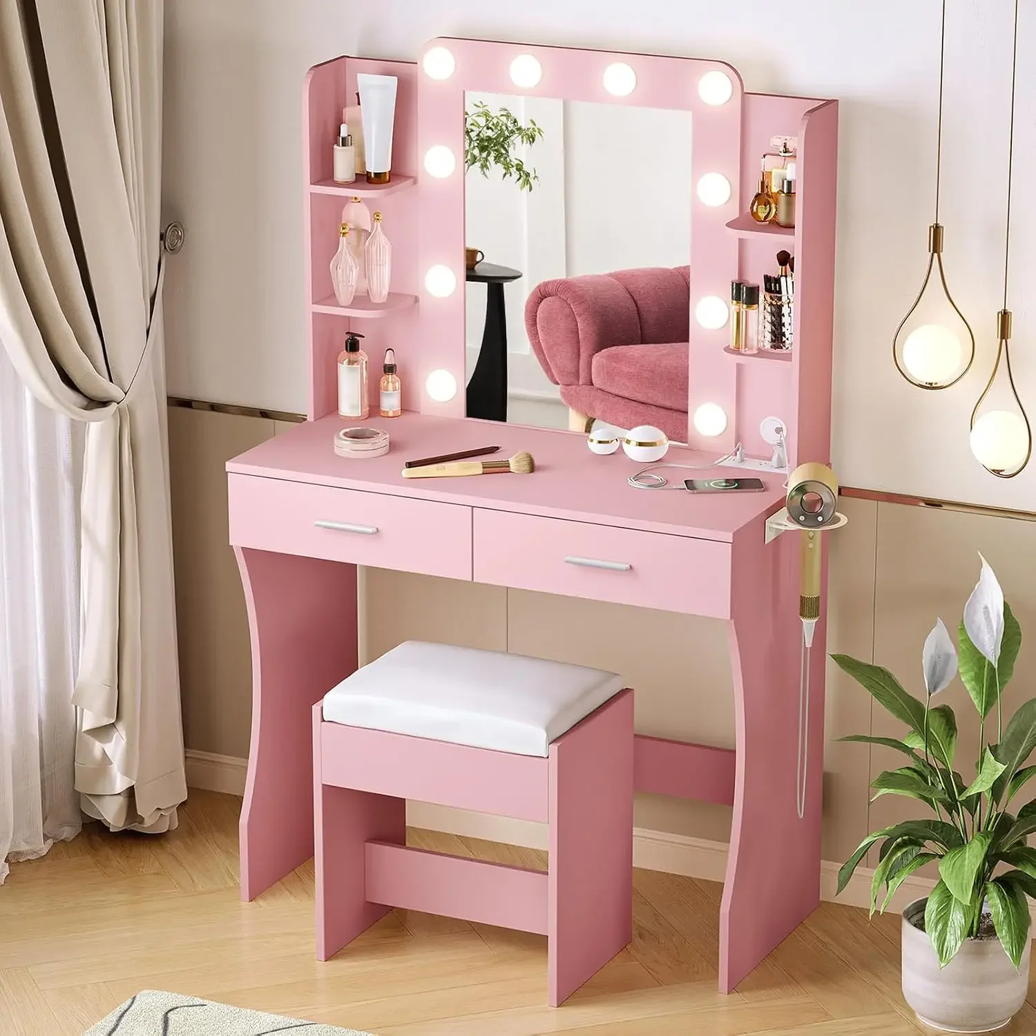 Vabches Vanity Desk with Lights,Makeup Vanity with Power Strip,Dressing Table Set with 2 Large Drawers,Vanity Mirror 3 Lighting