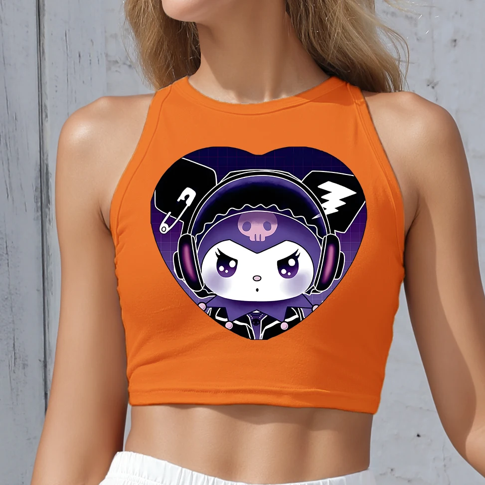 

CUTE TOPS Casual KUROMI inspired off shoulder crop top woman summer party shoujo fashion round neck sport vest look