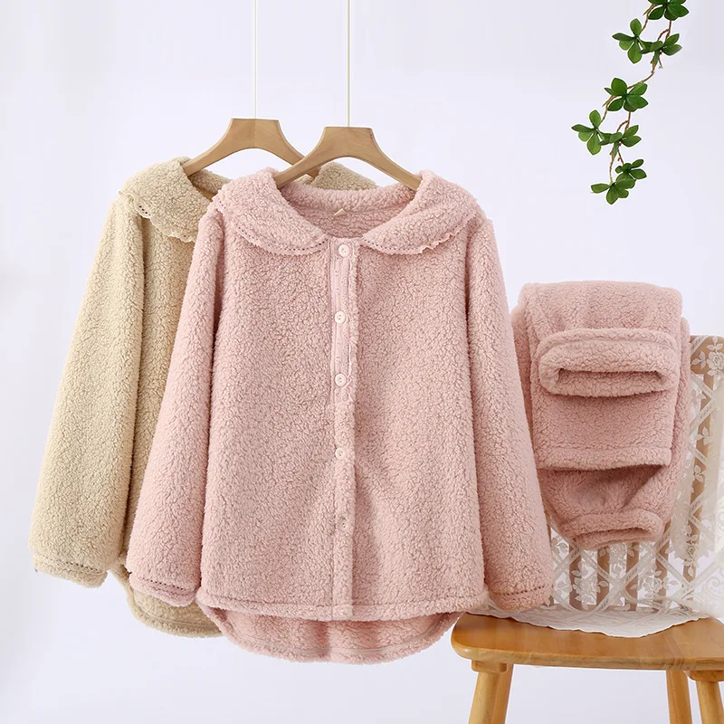 

2023 New Winter Flannel Nightwear Set V-Neck Plush Thickened Coral Plush Solid Color Home Fur Long Sleeve Pants Two Piece Set