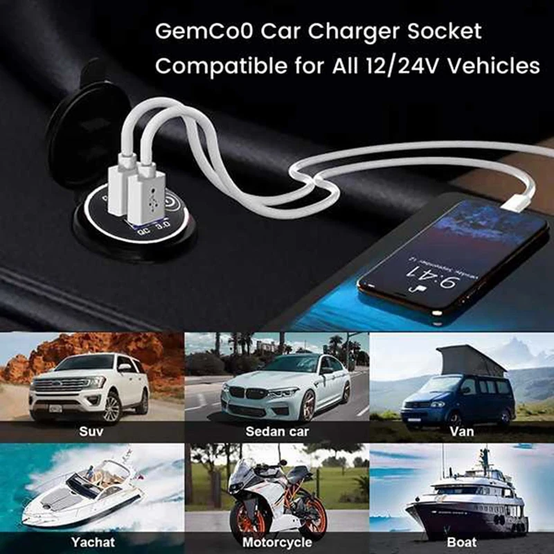 2Set Quick Charge 12V 36W USB Fast Charger With Switch For Boat Motorcycle Truck Golf Cart Green