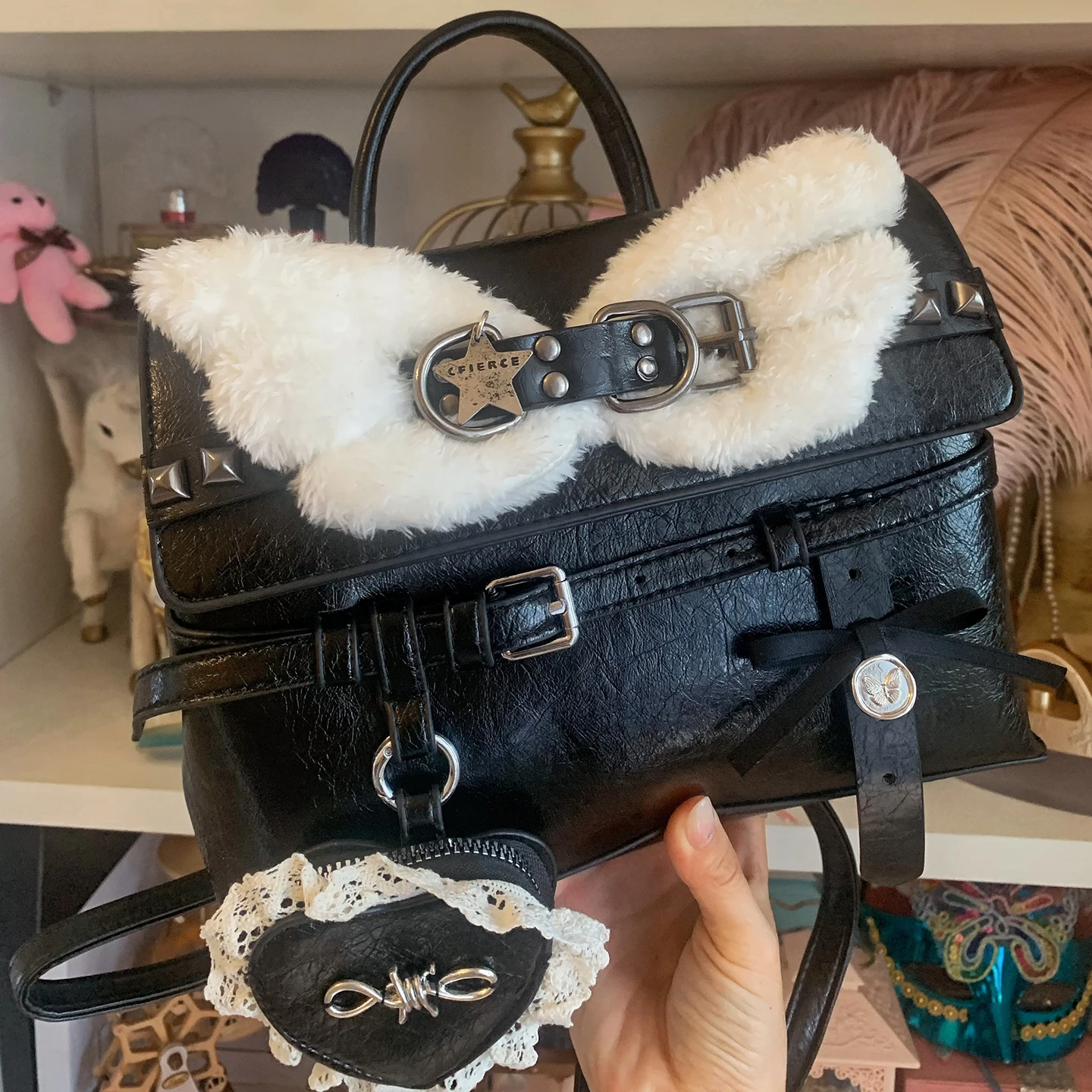 Pinkyo Original Plush Wings Lace Love Metal Style Shoulder Bag Cute Sweet Cool Black And White Contrast Handbag