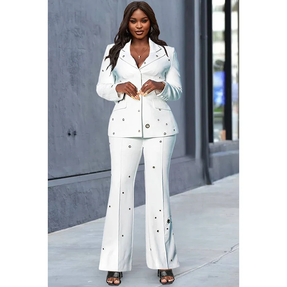 Plus Size White Formal V Neck Studded Flare Leg Suit Blazer Two Piece Pant Sets New In Matching Sets