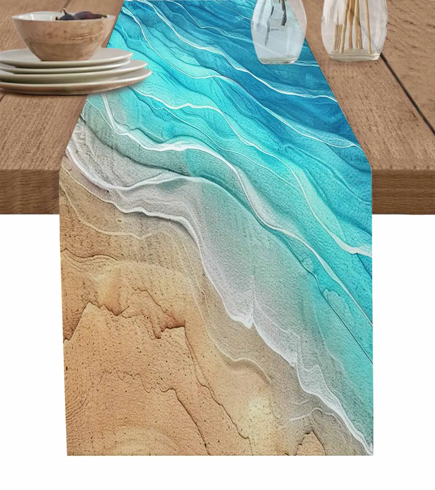 Ocean Wave Beach Gradual Wave Turquoise Table Runner Wedding Decor Table Cover Holiday Party Coffee Tablecloth Tablemats