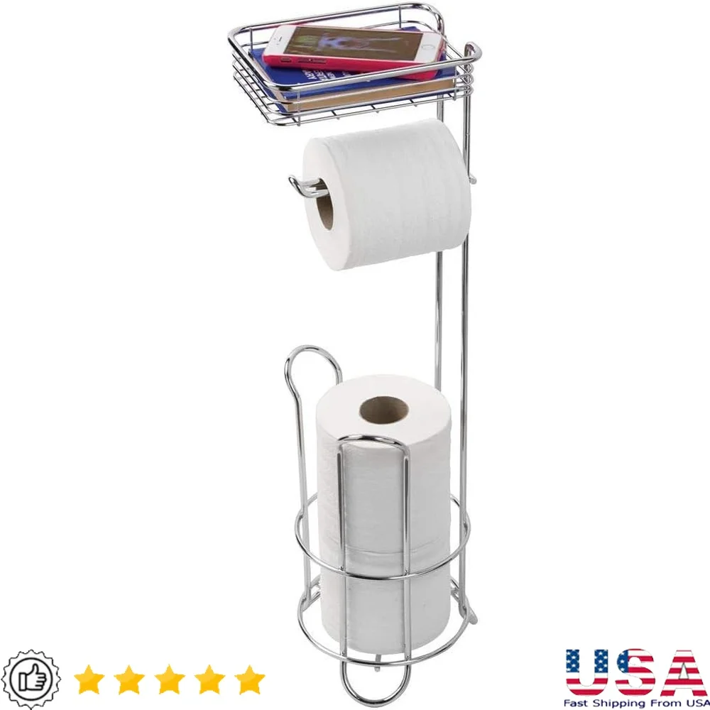 

Отдельно стоящий держатель для туалетной бумаги с полкой Компактное хранилище для ванной комнаты Конструкция из хромированной стали Компактное решение Essentials