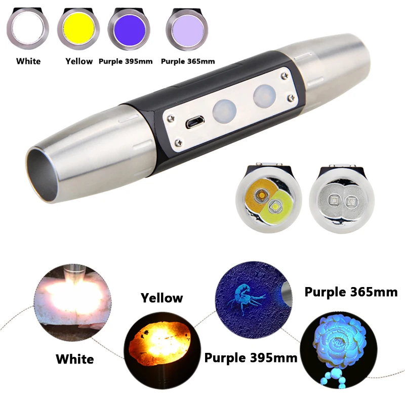 

365nm 395nm UV LED Flashlight Purple Yellow white 4 lights Usb Rechargeable Torch Identification Marker Jade Checker Detection