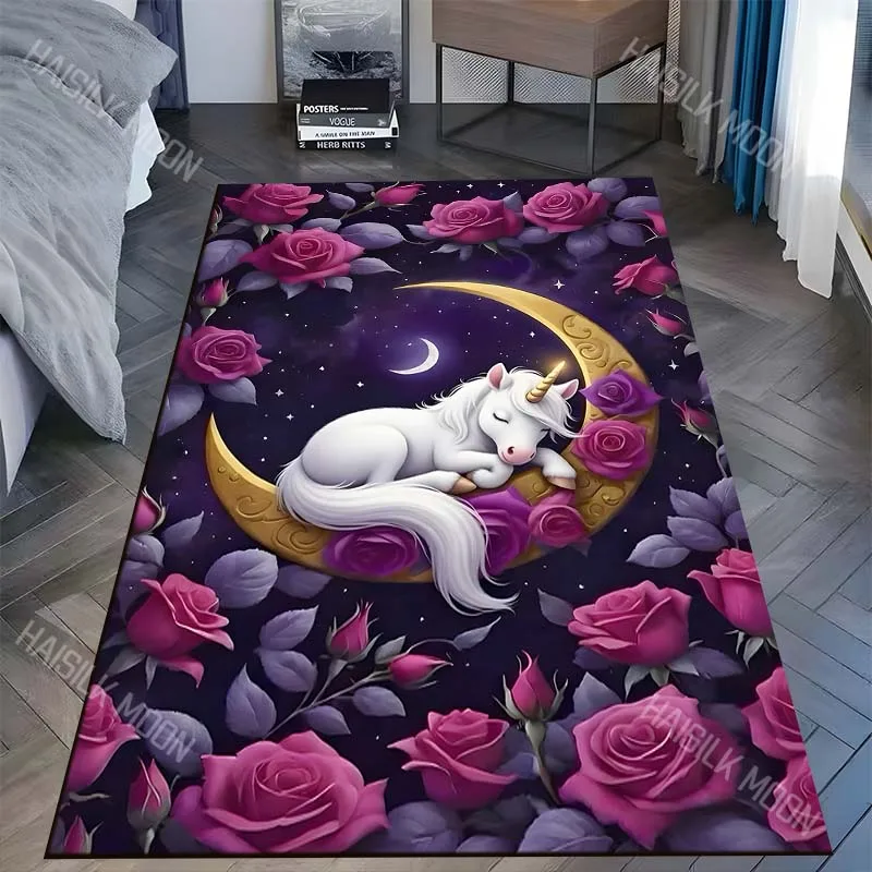 Sleeping unicorn on crescent moon with roses Carpet for Living Room Bedroom Sofa Home Decor Rus Non-slip Floor Mat Luxury Gift