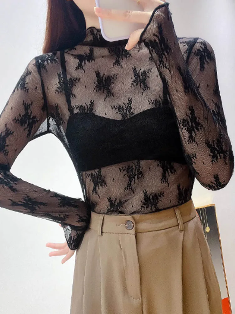 High neck lace inner top for women's autumn and winter new style, high-end and stylish wooden ear mesh shirt