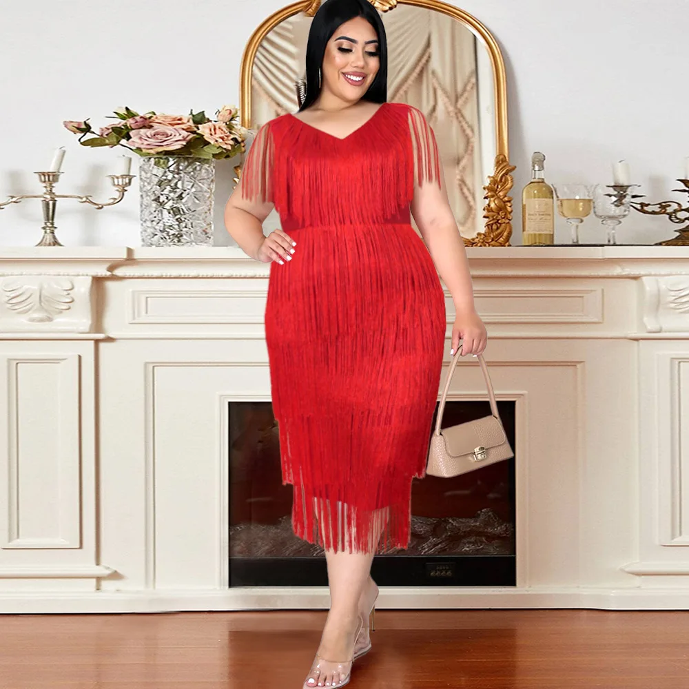 Plus Size Tassel Sleeveless Elegant Dress Female Luxury Dinner Prom Women Solid Fringed Robe Fashion Large Size Evening Dress