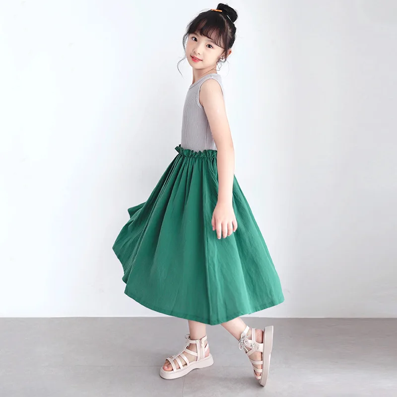 2024 Korean Summer Junior Girl Onee-piece Dress Elementary Girl Contrast Patchwork Sun dress School Girl Beach Resort Dress