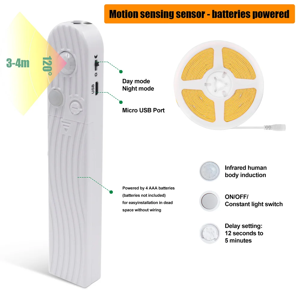 شريط إضاءة ليد COB مع مستشعر حركة ، مصباح حثي ، بطارية تعمل بالتيار المستمر ، شريط ليد/م ، شريط مرن أبيض دافئ ، أزرق ، أحمر ، وردي ، RA90 ، 5 فولت
