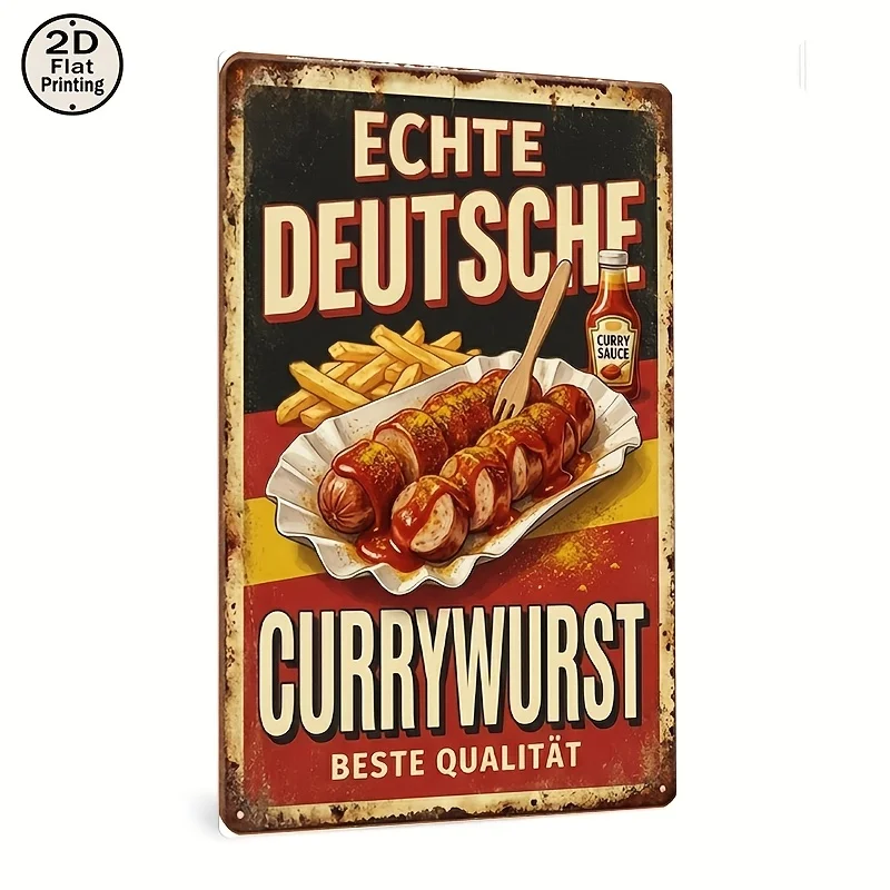 Letrero Metálico Plano 2D Estilo Vintage Alemán para Currywurst - Placa de Pared con Anuncio de Salchicha Curry - Decoración Temática para Comedor de Uso Interior