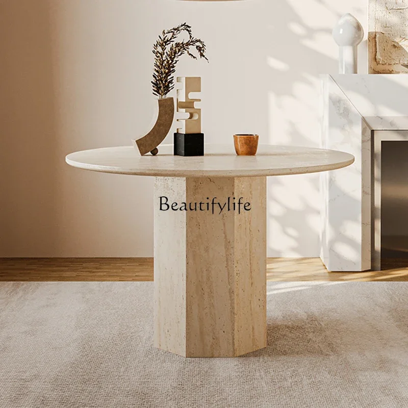 

44Wabi Sandy Wind Natural Travertine Dining Table Living Room Round Luxury Stone Round Table