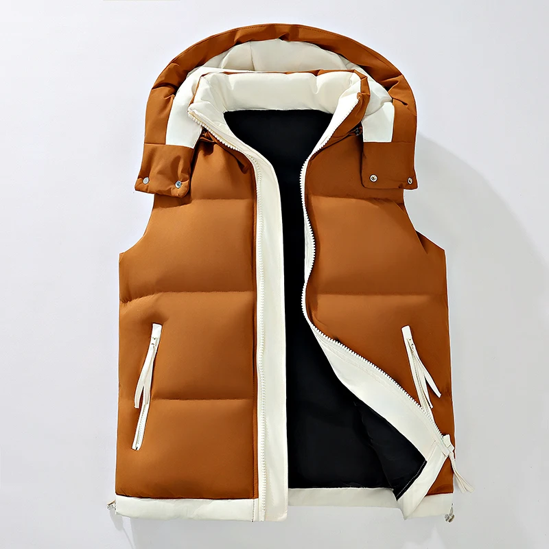 Men's Color-Block Puffer Vest with Removable Hood - Zip Closure & Flap Pockets, Water-Resistant Warm for Winter Casual Outfits