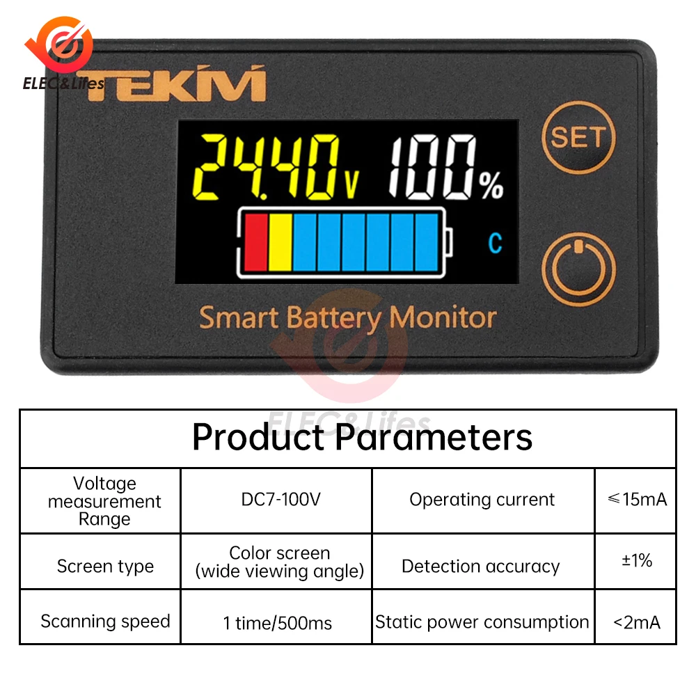 DC 7-100V Battery Capacity Indicator LCD Digital Electricity Meter Lead-acid Lithium LiFe PO4 Voltage Tester for Car Motorcycle