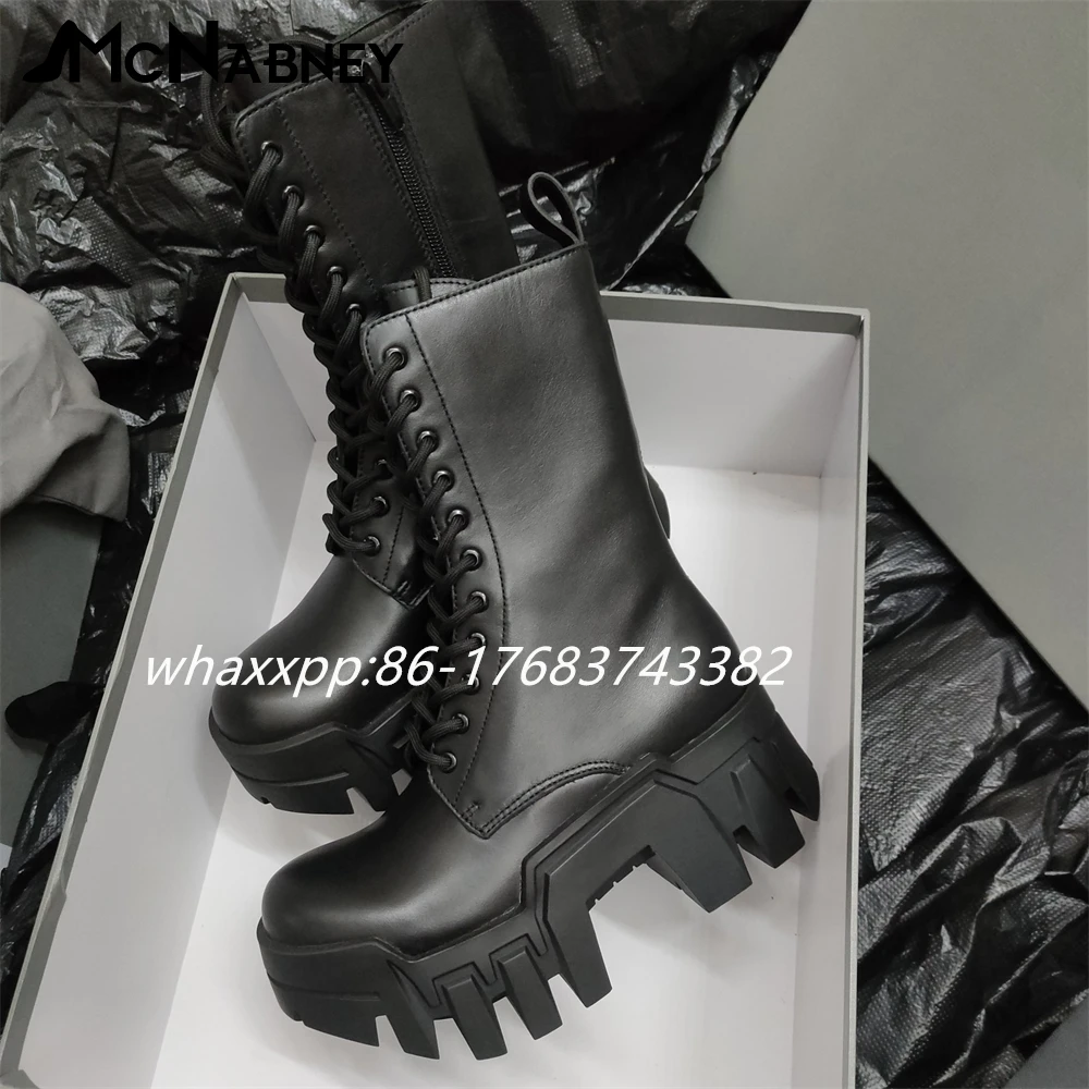 

Black Leather Mid-Calf Boots Lace-Up Platform Punk Motorcycle Boots for Women Designer Style Round Toe Shoes Luxury Latest Boots