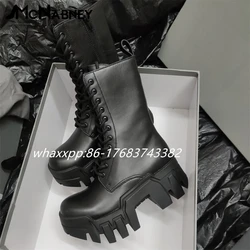 Black Leather Mid-Calf Boots Lace-Up Platform Punk Motorcycle Boots for Women Designer Style Round Toe Shoes Luxury Latest Boots