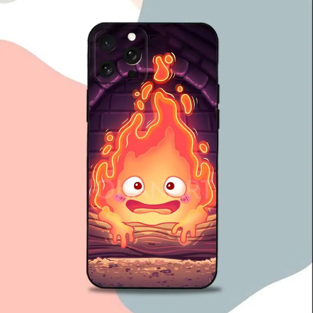 F-Fire C-Calcifer 可愛いスマホケース iPhone 15、13、16、12、11、17、14、Plus、Pro、Max、XS、XR、X、SE、Mini対応 ソフトシリコン製 ブラックカバー