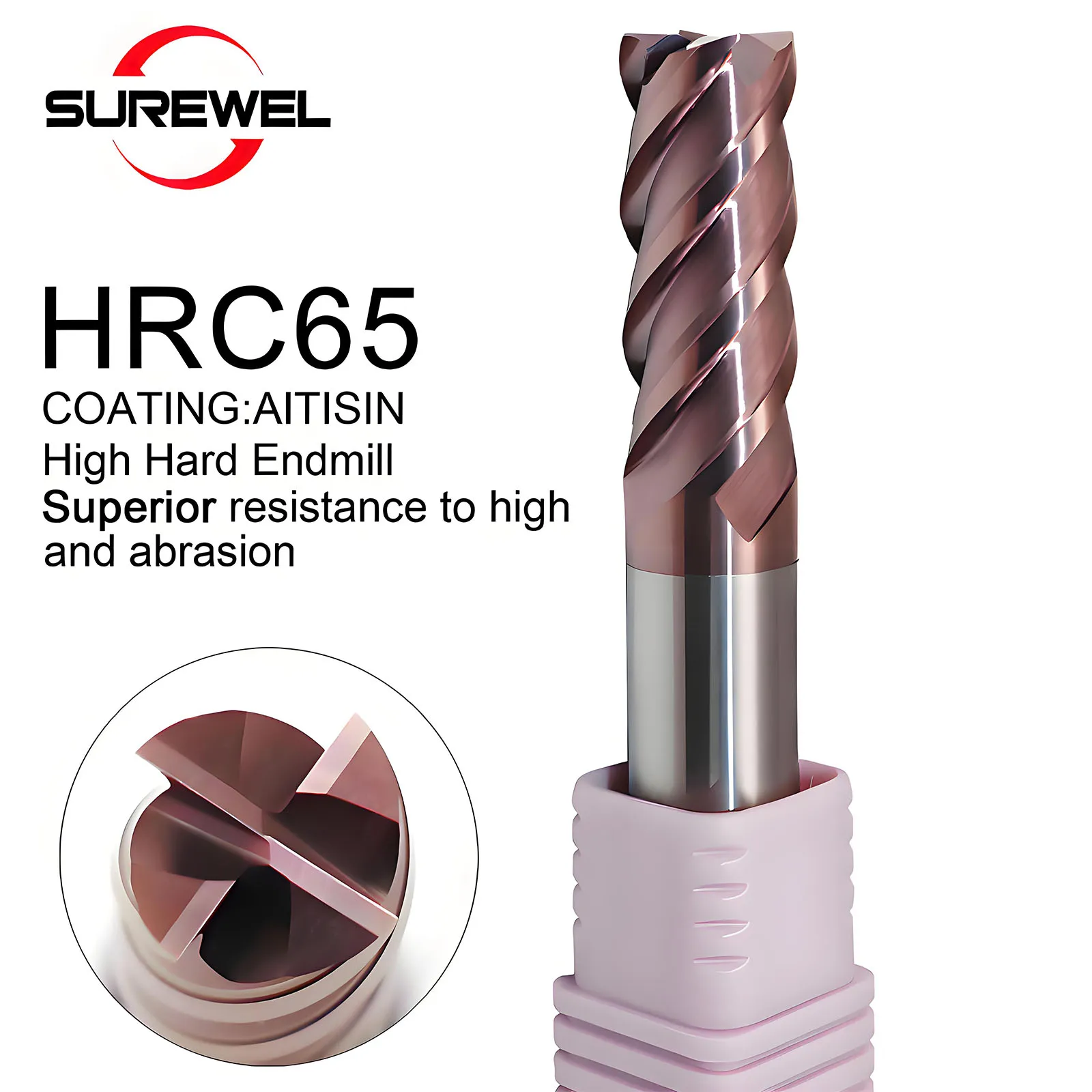 

4flute high hardening end mill, HRC65 tungsten steel for efficient CNC machining, rough,semi-finishing,curved surface machining