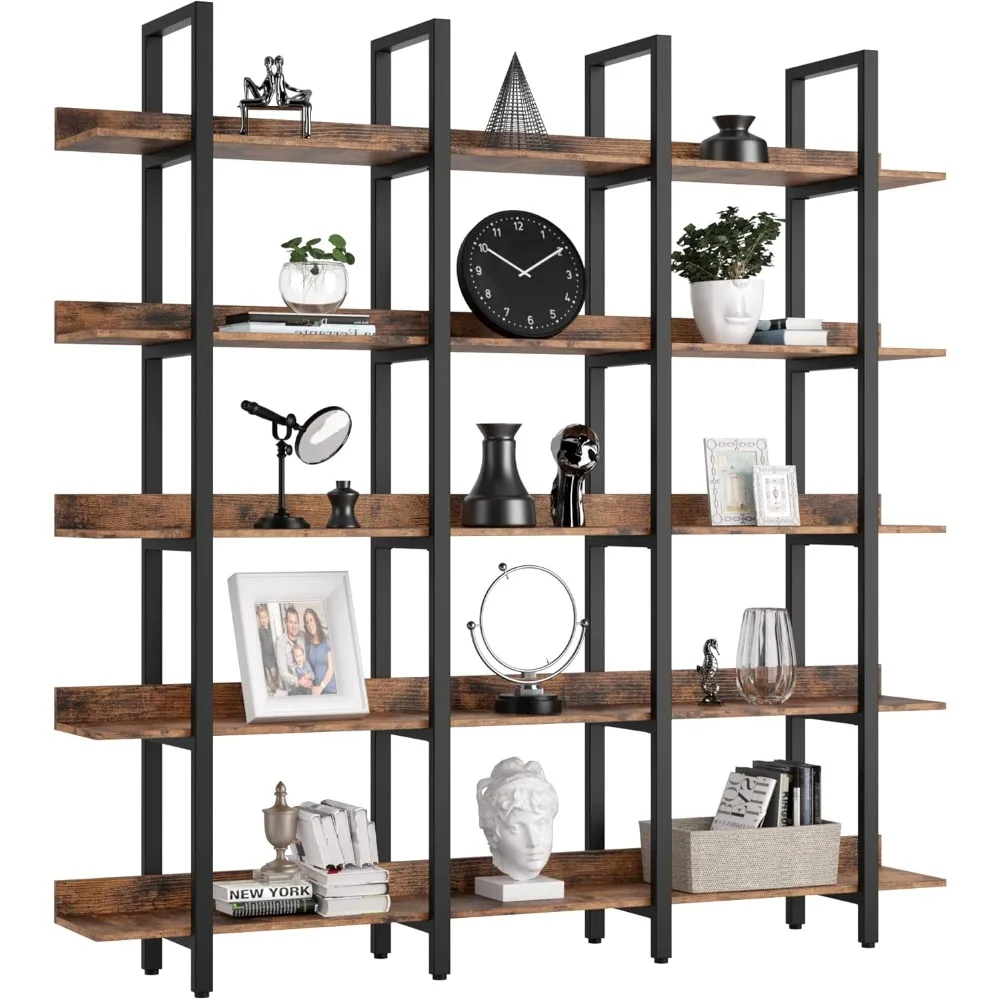 Bookcase and Bookshelves Triple Wide 5 Tiers Large Open Shelves, Etagere Bookcases with Back Fence for Home Office Decor, Easy