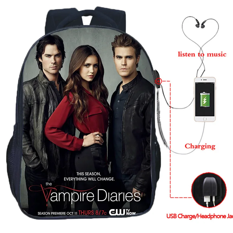 The Vampire Diaries Backpack USB Charge Schoolbag Teenager School Bag Men Women Travel Knapsack Boys Girls school gift backpack