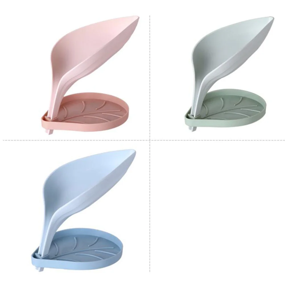 

3Pcs Soap Holder Solid Color Leaf Shape Double Layer Draining Soap Box Drying Tray Bathroom Kitchen Use Green Blue Pink